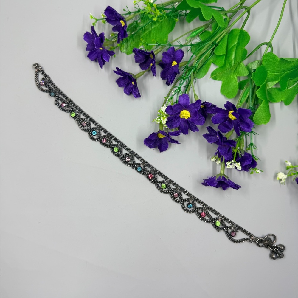 Vintage Pewter Toned Multicolor Genuine Crystal Ankle Bracelet / Anklet